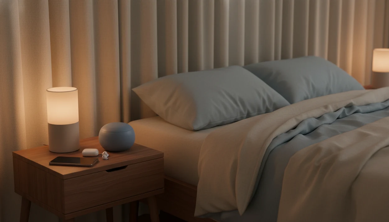 A calm bedside setup with dim light, a face-down phone, earbuds, and turned-down linen sheets.