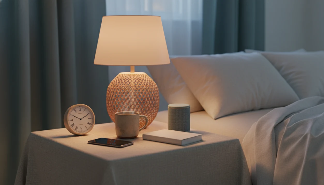 A calm bedside setup with a clock, face-down phone, speaker, lamp, and tea ready for a short sleep story.