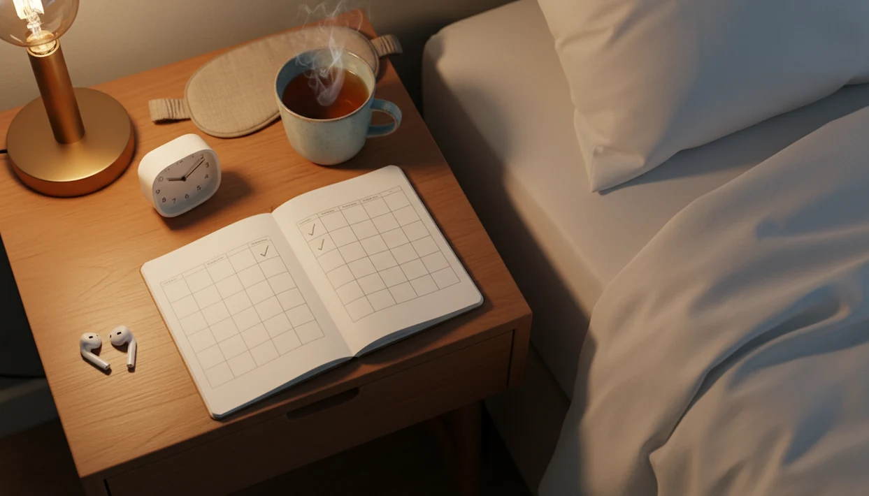 A calm bedside setup with a blank 14-night tracker, earbuds, tea, and soft amber light.