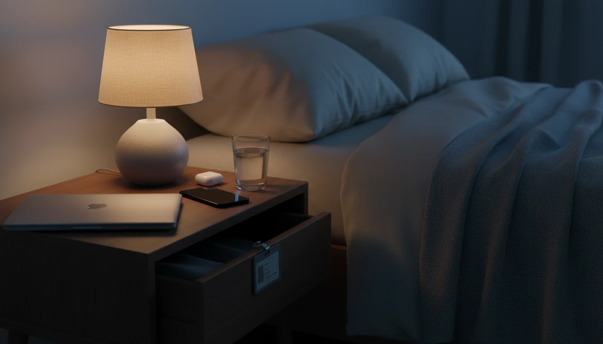 A dim bedroom nightstand shows a closed laptop, face-down phone, earbuds, and warm lamp after work.