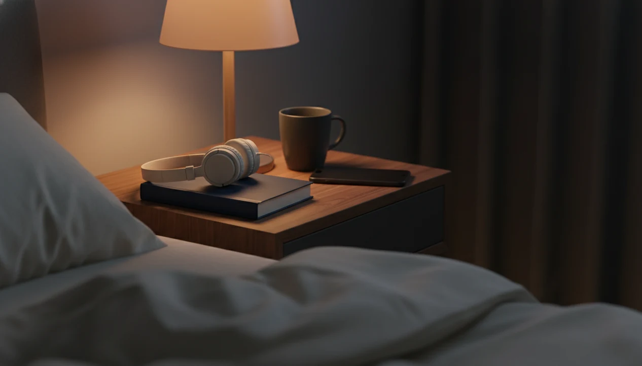 A calm adult bedside table with headphones, a closed book, and warm lamplight for nighttime listening.