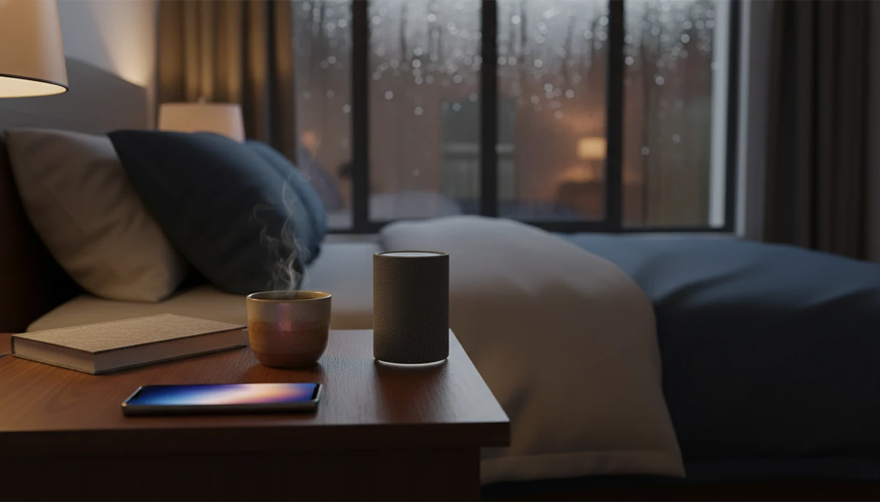 A rainy bedroom nightstand with a phone, book, speaker, and tea set up for calming bedtime audio.