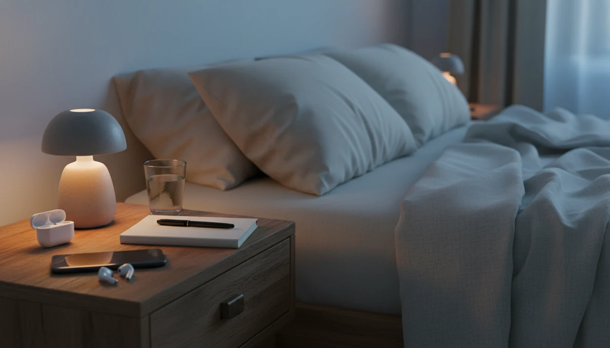 A calm bedside setup with a face-down phone, earbuds, lamp, water, and notebook ready for wind-down.
