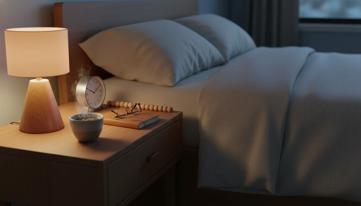 A calm bedside table with a lamp, tea, journal, clock, and thirty small beads suggesting a month of routine.