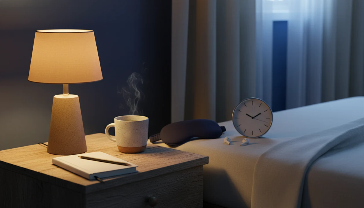 A calm bedside still life shows routine objects arranged as a gentle evening wind-down sequence.