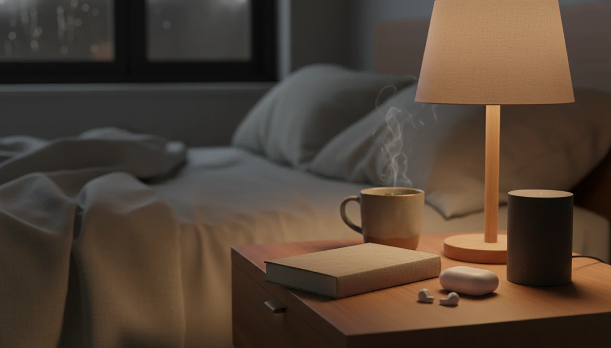 A calm bedside table with a book, speaker, tea, and warm lamp beside a softly blurred bed.