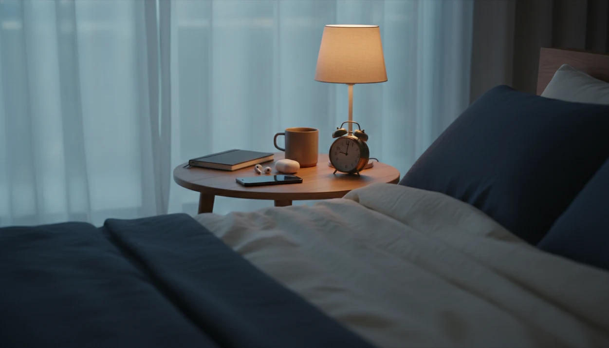A calm bedside scene with a face-down phone, earbuds, notebook, and soft night lighting.