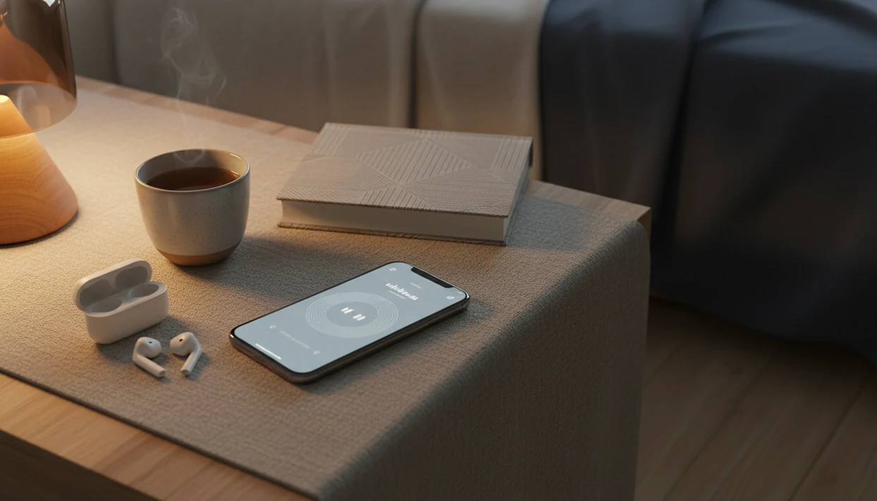 A bedside table with a glowing phone, earbuds, tea, and book set up for a calm sleep story routine.