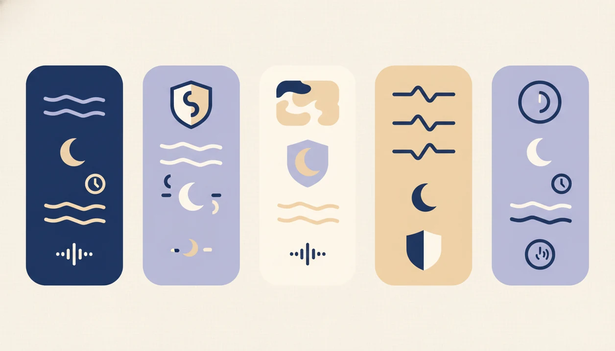 An abstract comparison chart shows sleep story app features with icons for audio, timers, privacy, and sound.