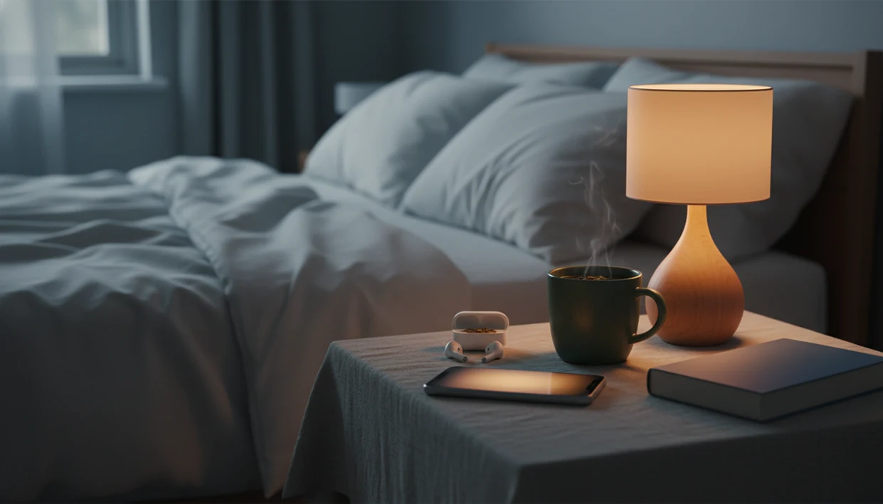 A quiet bedside table with a dim phone, earbuds, tea, and a book ready for adult sleep stories.