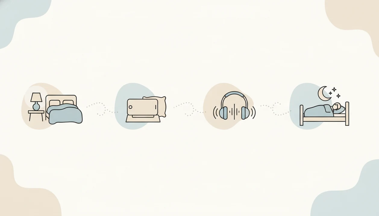 A simple visual routine shows dimming lights, setting a phone aside, playing audio, and sleeping.