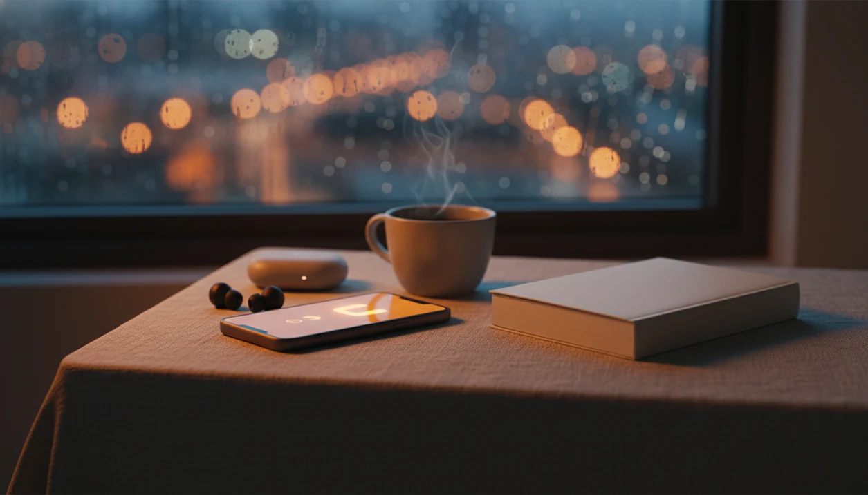 A dim bedside table with a phone, earbuds, tea, and rain on the window suggests a sleep audio routine.