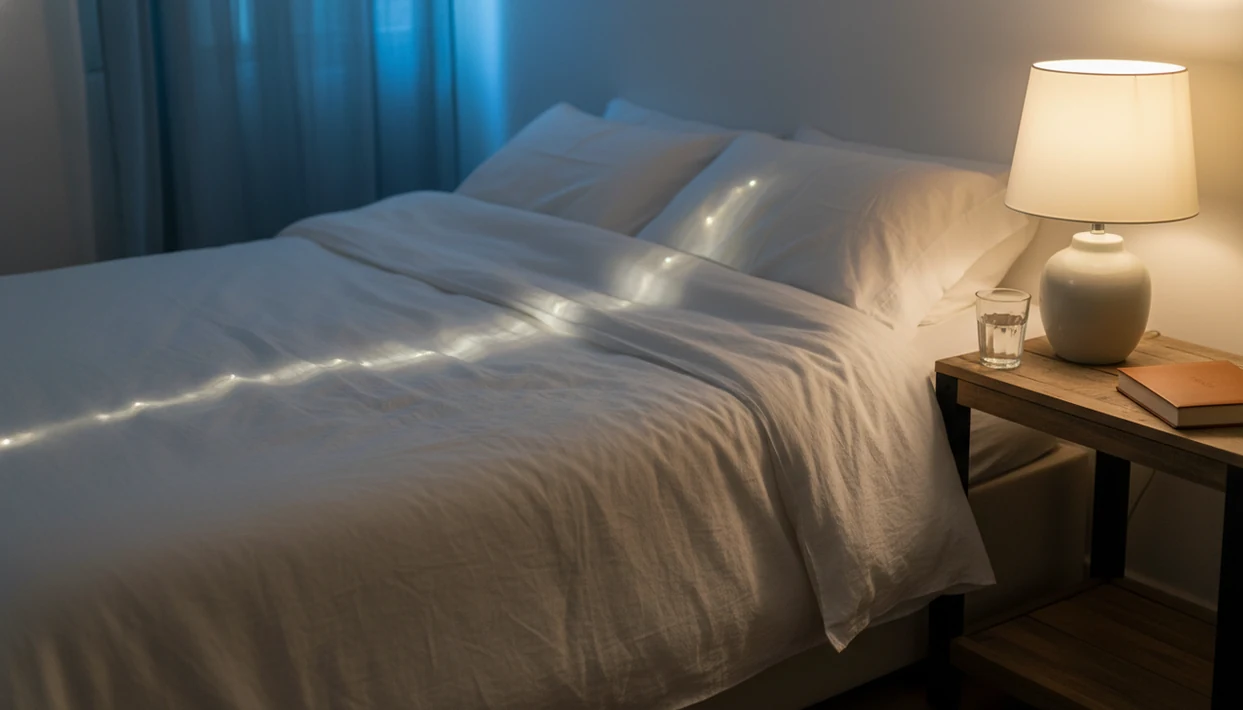 A dim bedroom with soft bedding and warm lamplight suggests a calm body scan before sleep.