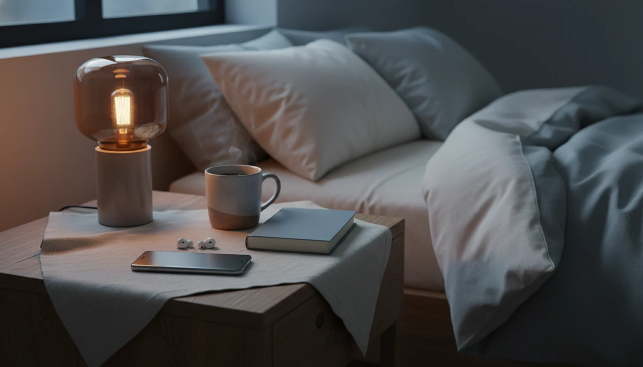 A calm nightstand with earbuds, tea, a book, and a face-down phone beside a softly lit bed.