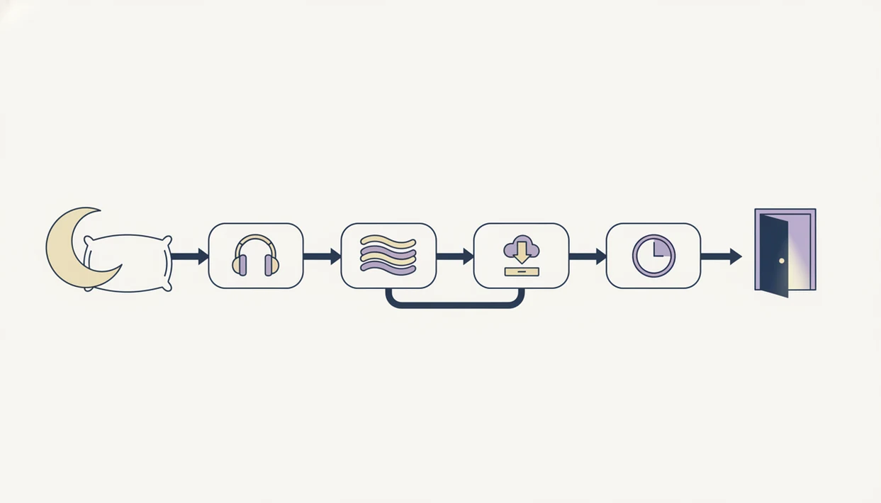 A wordless decision-path illustration showing narration, sounds, offline access, and timing choices.
