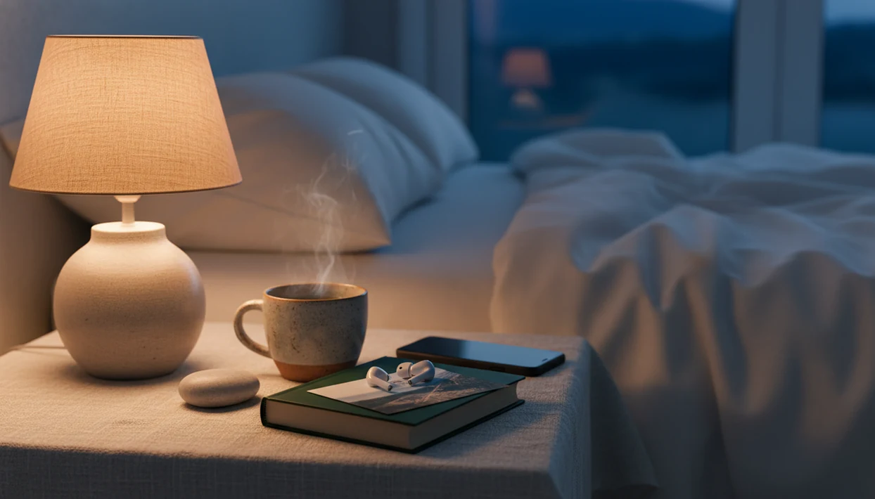 A quiet nightstand with earbuds, a closed book, tea, and a phone face down beside a softly lit bed.