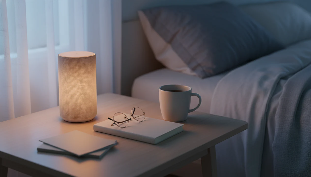 A quiet bedside table with a small speaker, notebook, glasses, and plain care papers at night.