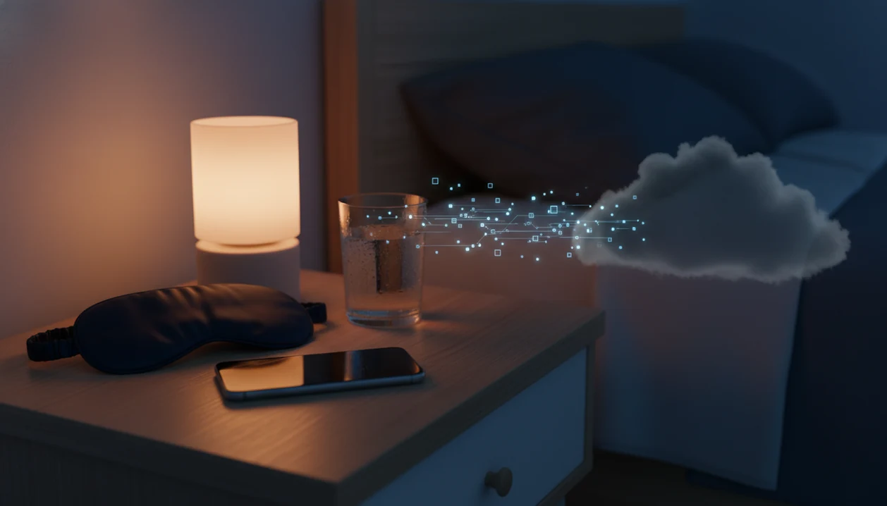 A phone on a bedside table emits faint data-like lines in a quiet nighttime bedroom scene.