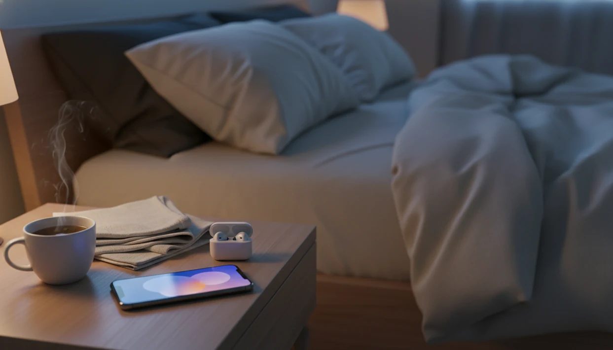 A smartphone, earbuds, and tea sit on a nightstand in a softly lit bedroom ready for sleep meditation.