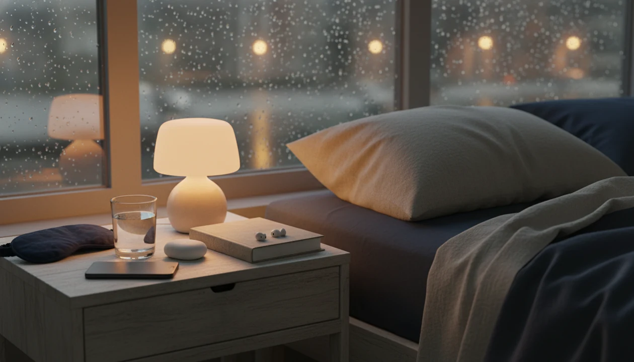 A phone face down on a bedside table with earbuds, a book, warm lamp light, and rain on the window.