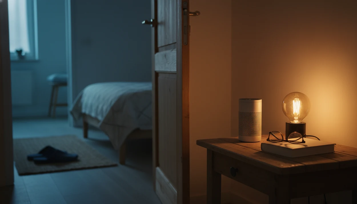 A quiet bedroom with a smart speaker on a nightstand, seen from a shared hallway at night.
