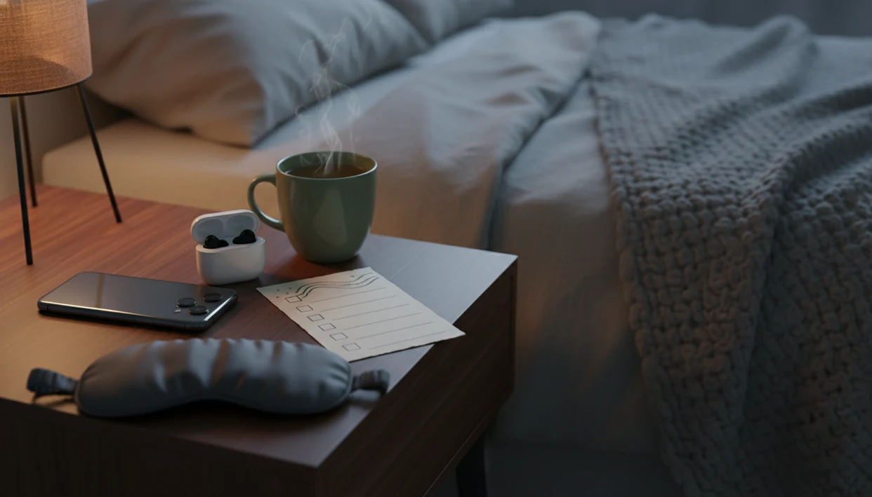 A phone, earbuds, tea, and a blank checklist sit on a bedside table in warm nighttime light.