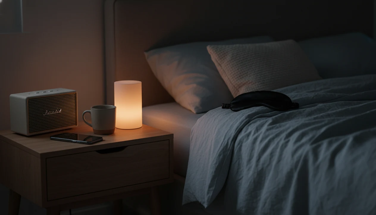 A quiet adult bedroom with a face-down phone, speaker, lamp, and soft bedding set for sleep meditation.