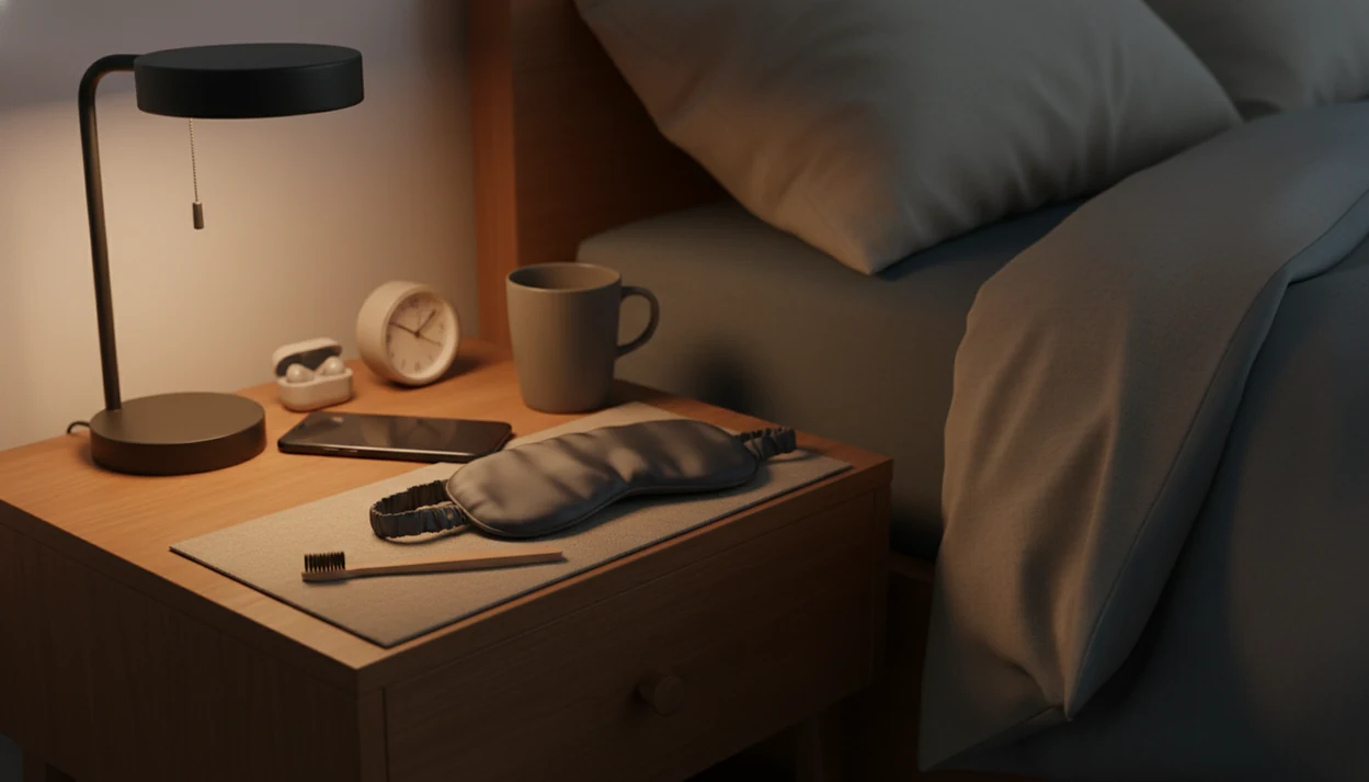 A quiet nightstand shows a phone, earbuds, lamp, alarm clock, and bedtime items arranged for a sleep routine.