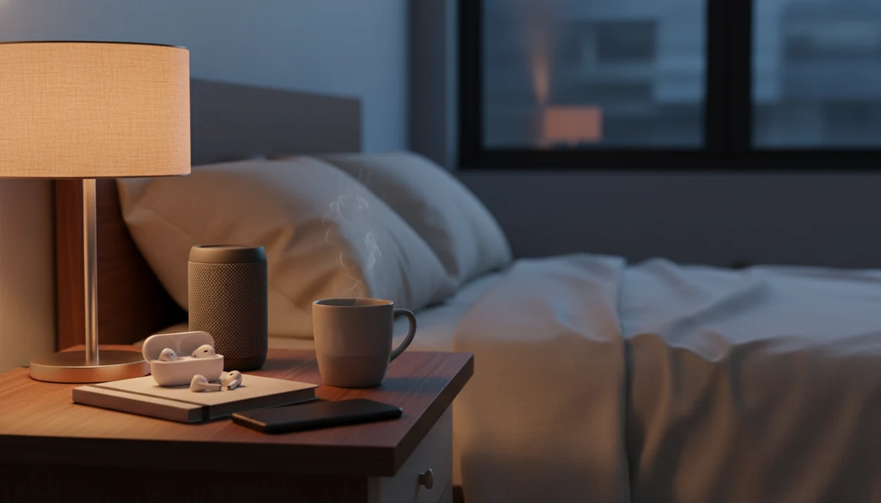 A calm bedside table with earbuds, speaker, tea, and soft light suggests choosing sleep audio at night.