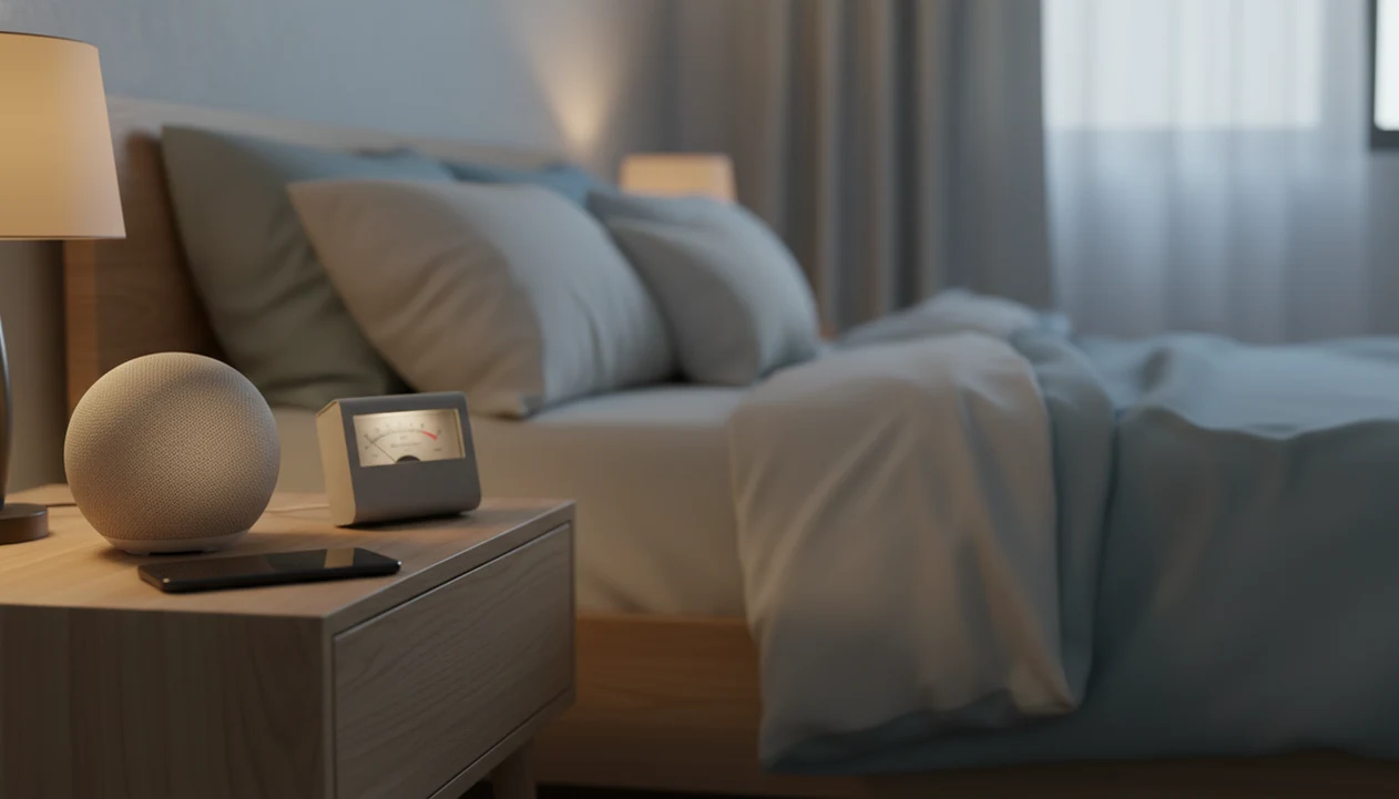 A quiet bedside setup with a small speaker and sound meter beside a softly lit bed.