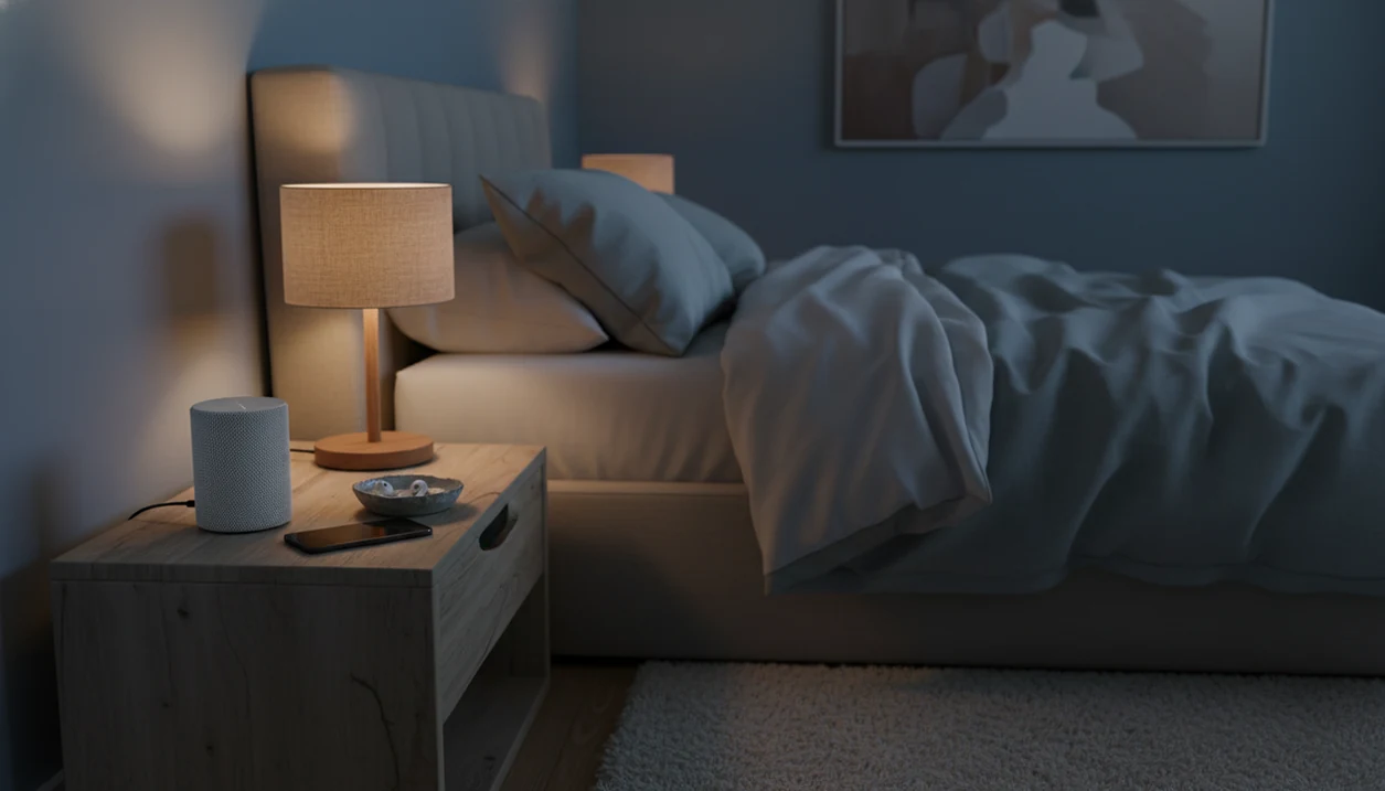 A quiet bedside speaker plays in a dim bedroom while earbuds sit unused in a dish.