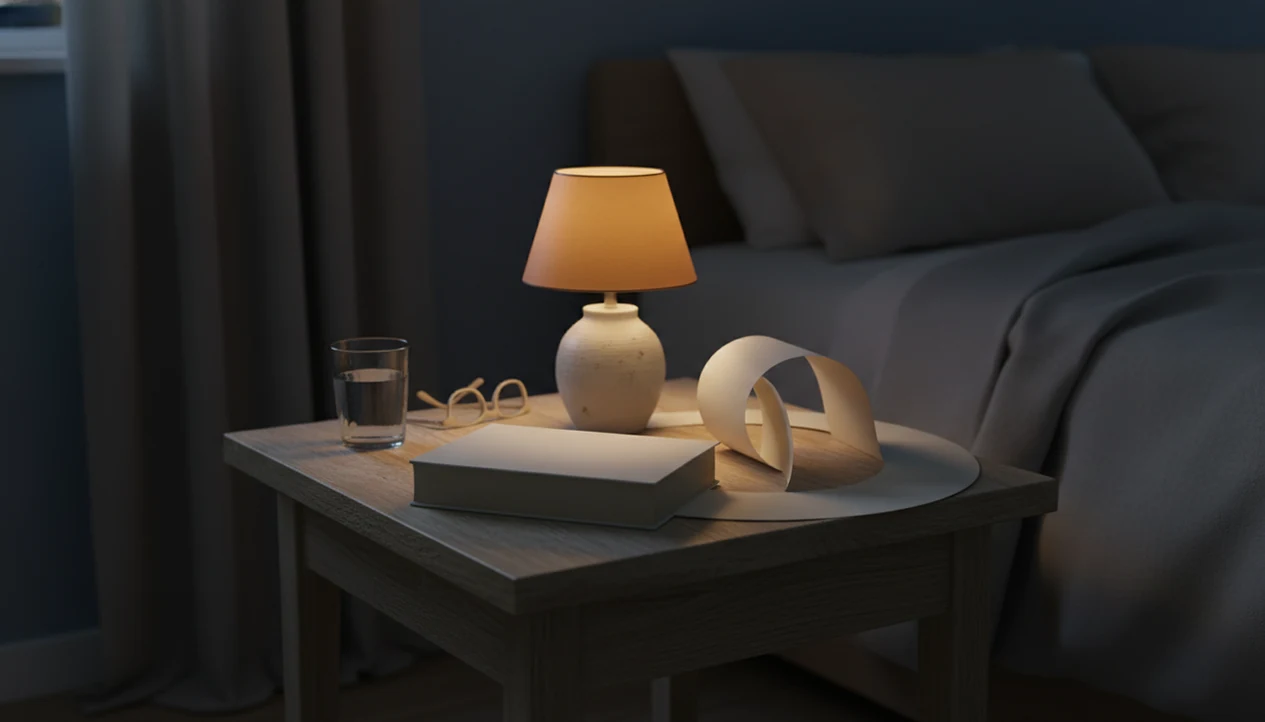 A calm bedside still life shows a closed book, lamp, water glass, and blank pages in warm evening light.