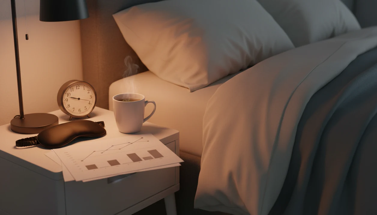 A calm bedside still life pairs sleep items with plain research papers under warm lamplight.