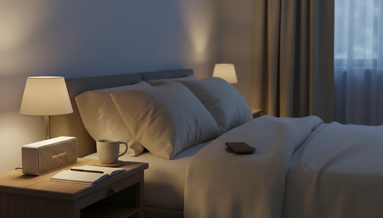 A quiet bedside setup with dim light, a blank notebook, tea, and a small speaker for winding down.
