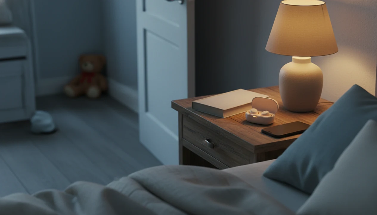 A quiet bedside still life with a closed book, earbuds, and a face-down phone in a family home.
