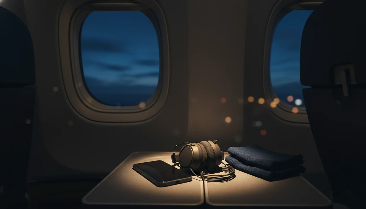 A phone, earbuds, and travel blanket rest on an airplane tray table beside a dark blue night window.