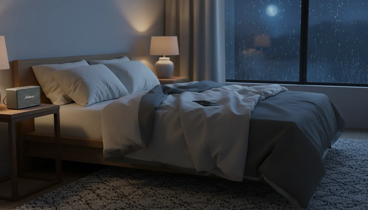 A quiet shared bedroom with a small speaker placed near one side of the bed at night.