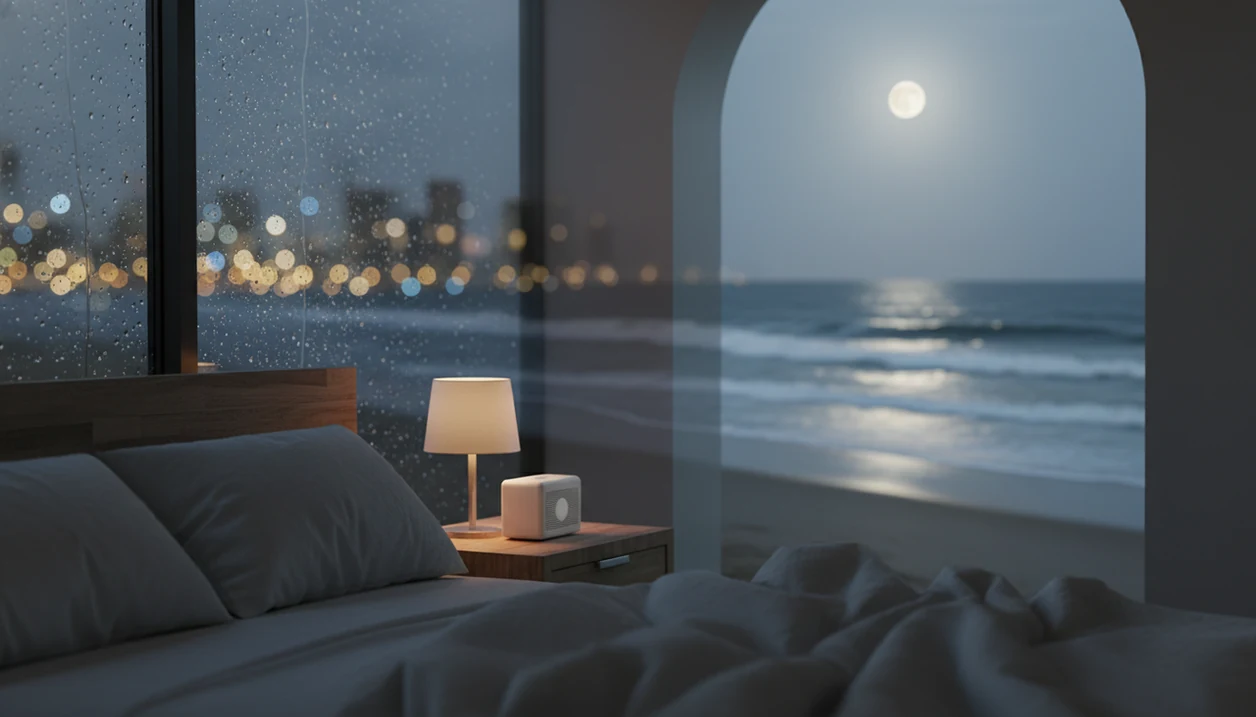 A bedside speaker sits between a rainy window and a soft moonlit ocean view in a calm bedroom.