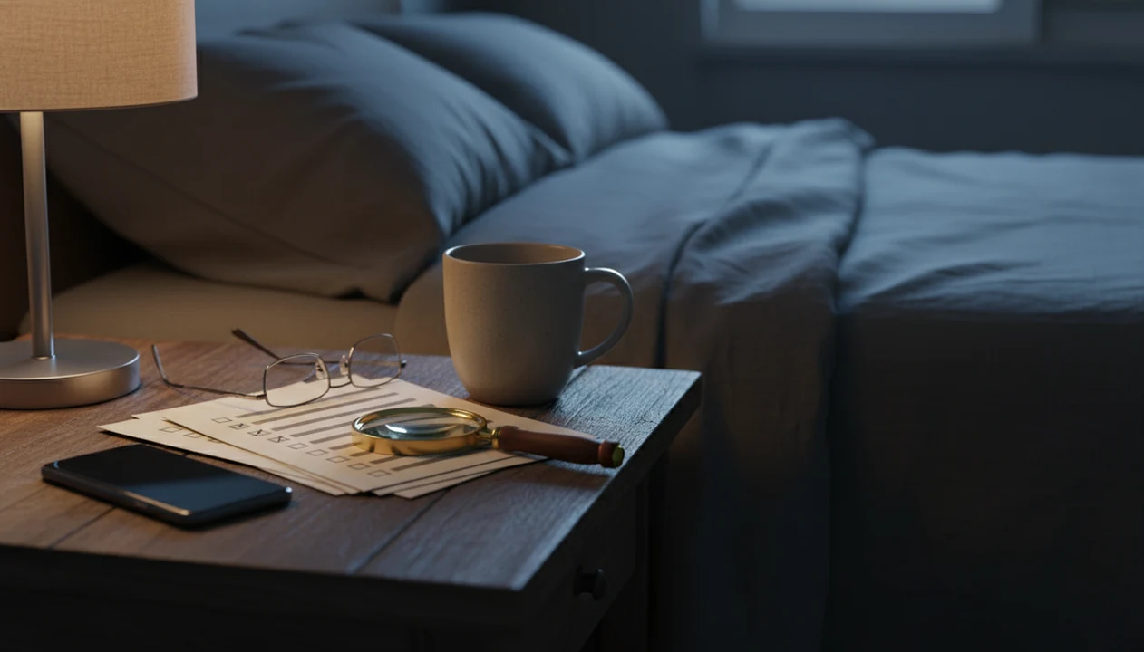 A quiet bedside table shows a phone, glasses, and blurred papers being reviewed under warm lamplight.