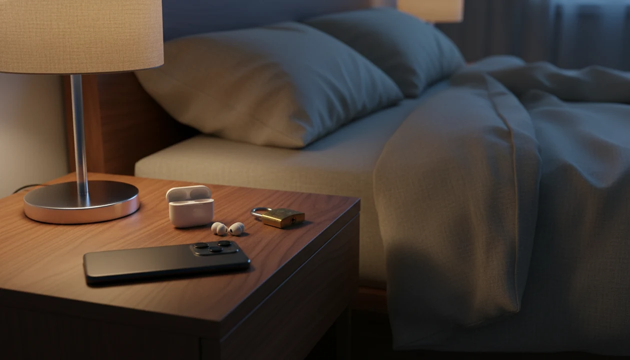 A face-down phone, earbuds, and a padlock rest on a quiet bedside table at night.