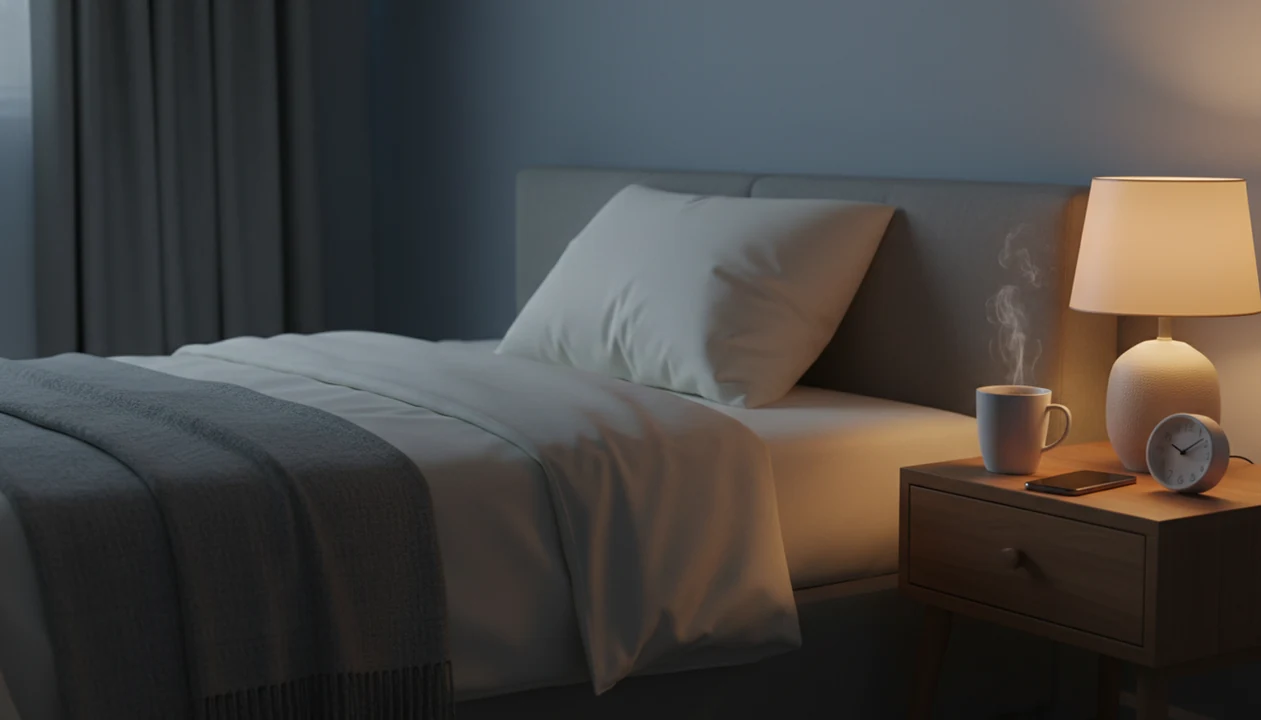 A quiet bedroom with a dim lamp, tea, and a face-down phone set up for a calm bedtime routine.