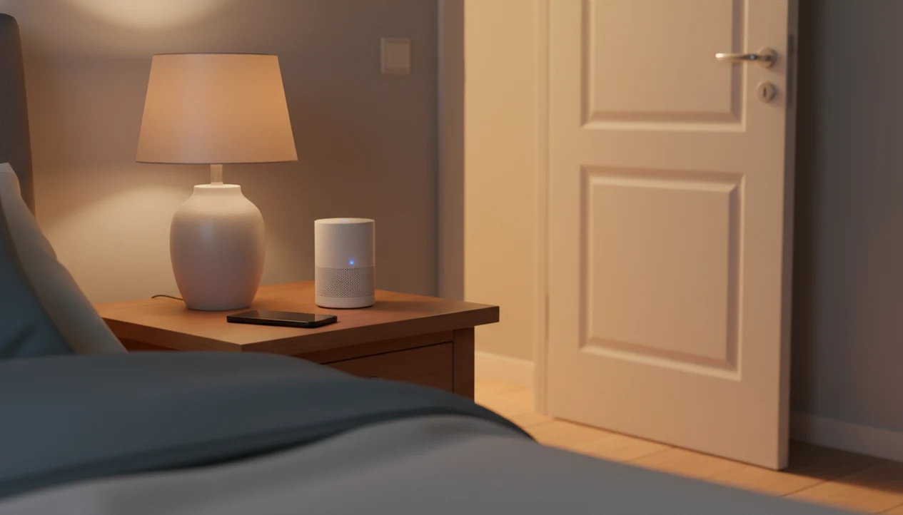 A quiet bedside table with sleep audio paused, a phone nearby, and an open door lit from the hallway.