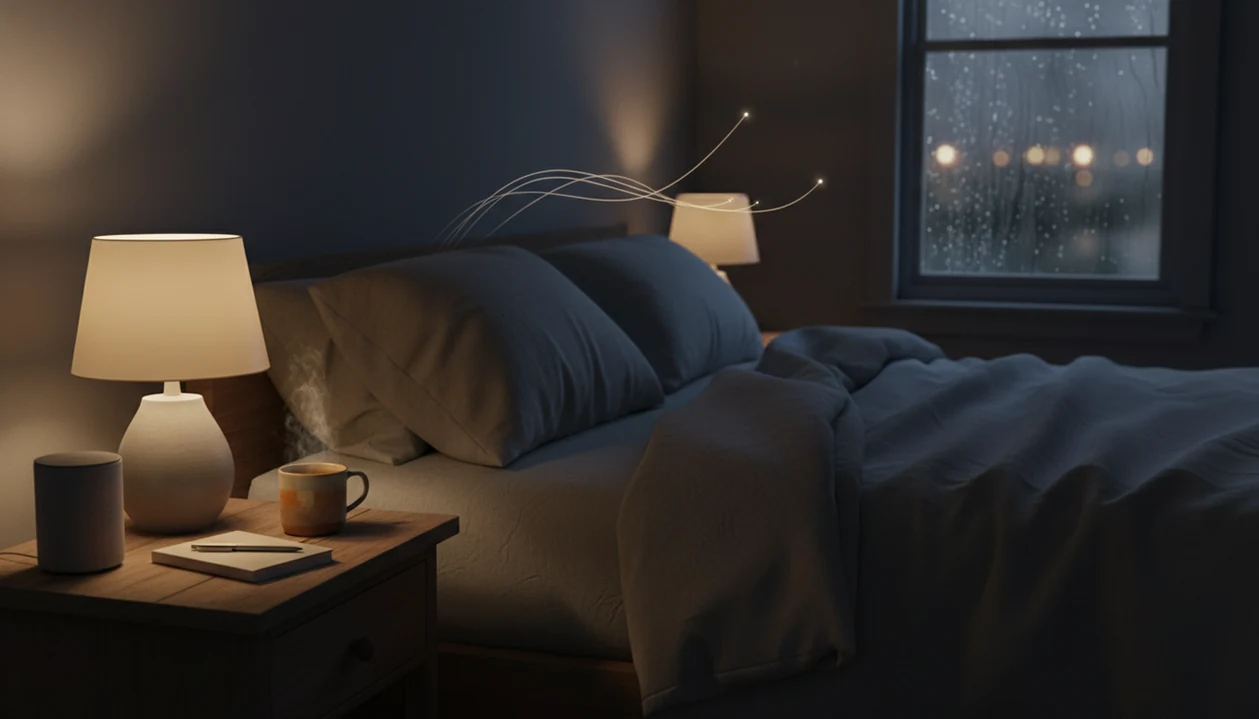 A dim bedside scene with tea, a notebook, and soft light suggesting a calm mind before sleep.