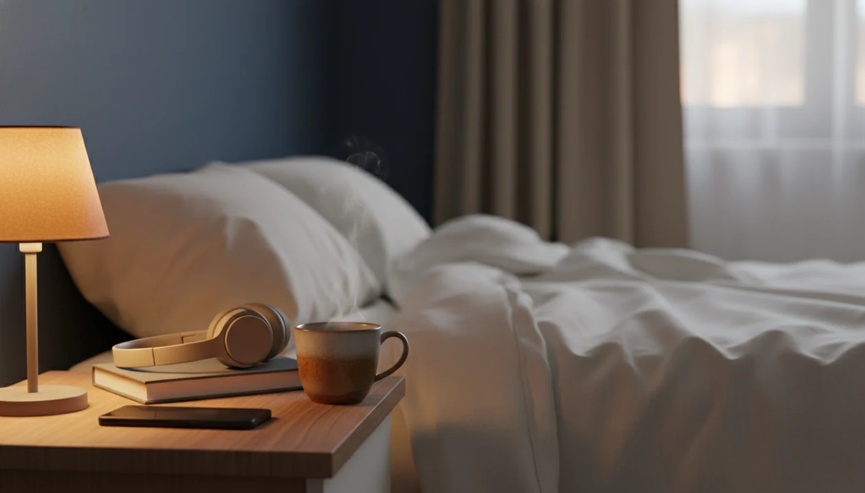 A quiet bedside table with headphones, a closed book, tea, and warm lamp light for adult sleep stories.