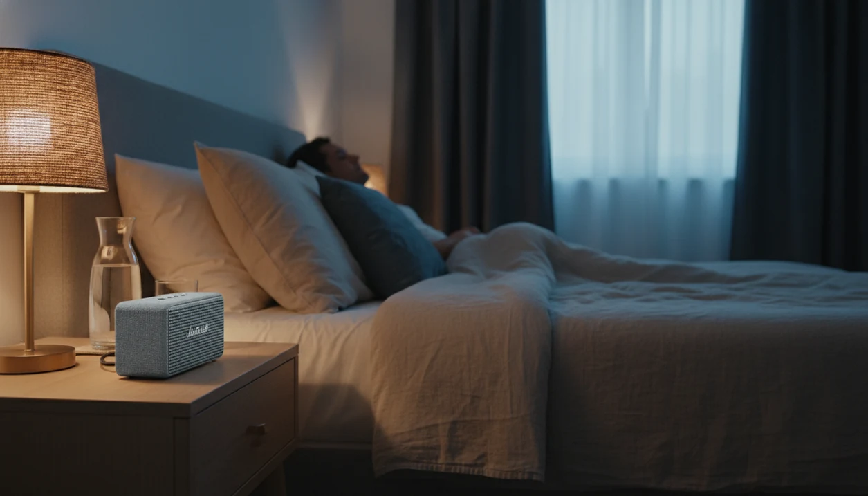 A small bedside speaker plays softly in a calm shared bedroom with two sleepers implied under the duvet.