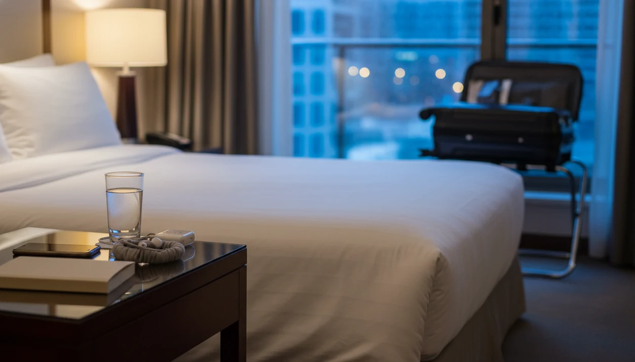 A quiet hotel nightstand set up for sleep audio beside a made bed and rain-speckled window.