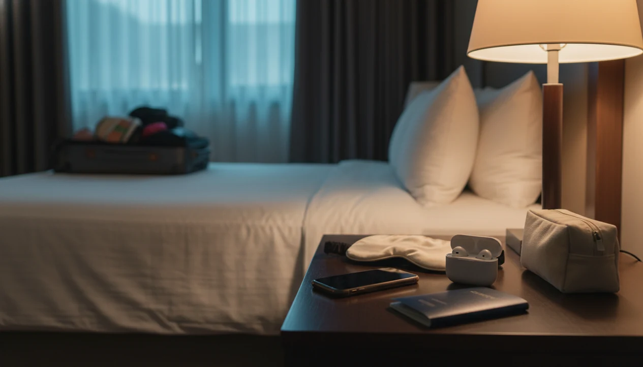 A hotel bedside table with earbuds, sleep mask, phone, and travel items ready for a calming sleep story.