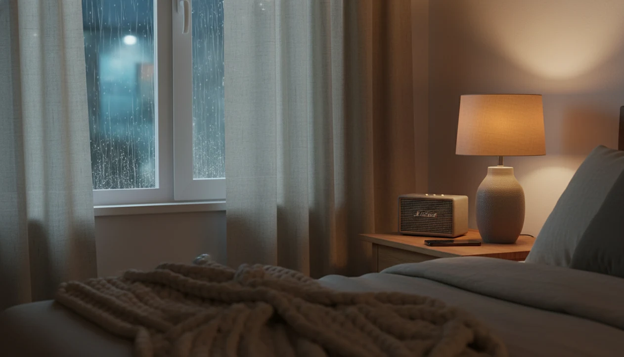 A quiet bedside scene with rain on the window, a speaker, and a phone set face down for sleep.