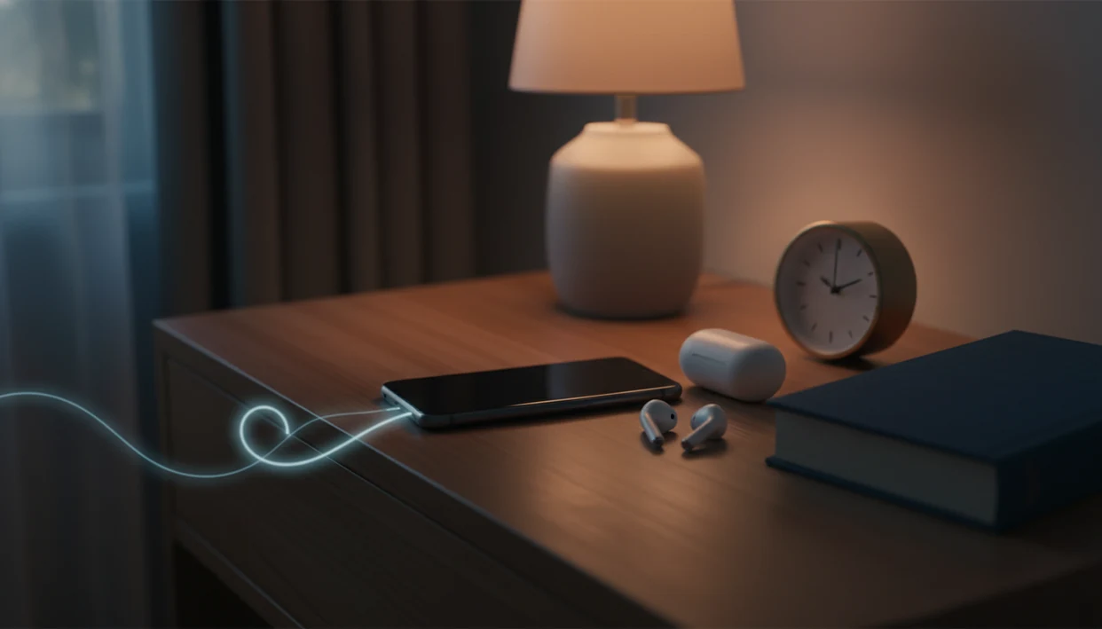 A quiet bedside table with a face-down phone, earbuds, book, and unmarked clock in soft night light.