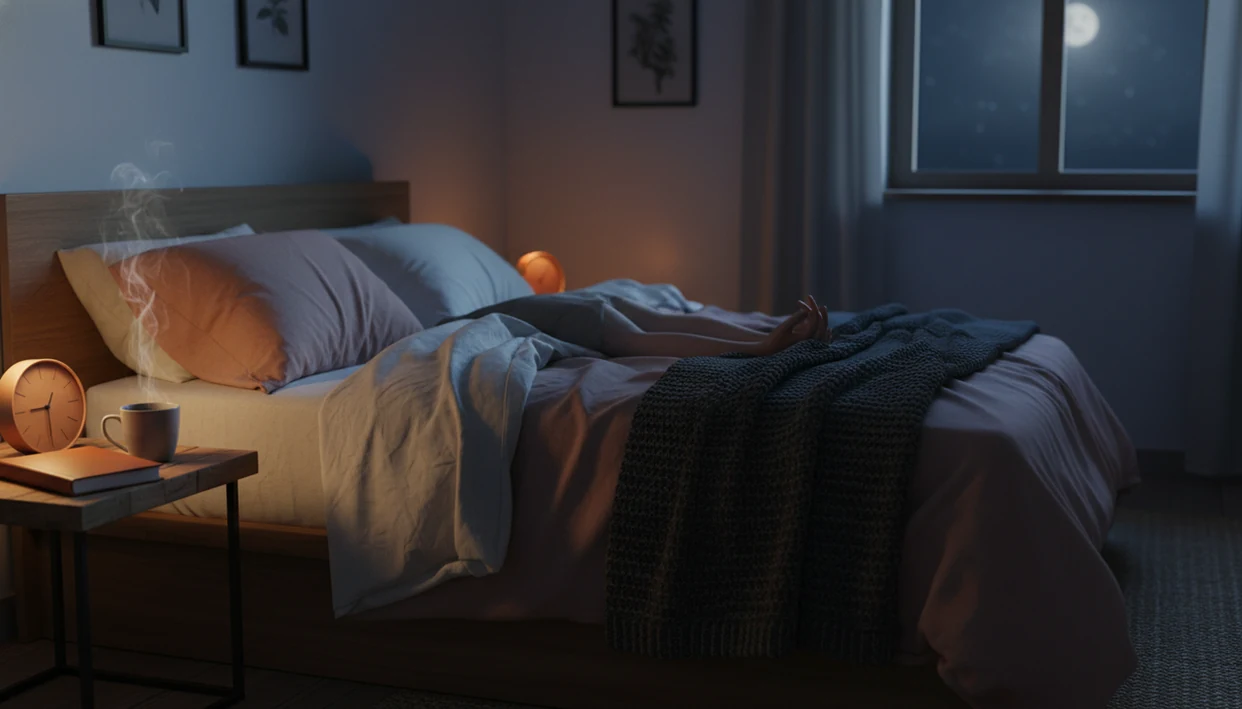 A quiet bedside scene with dim light and relaxed hands suggesting meditation before sleep.